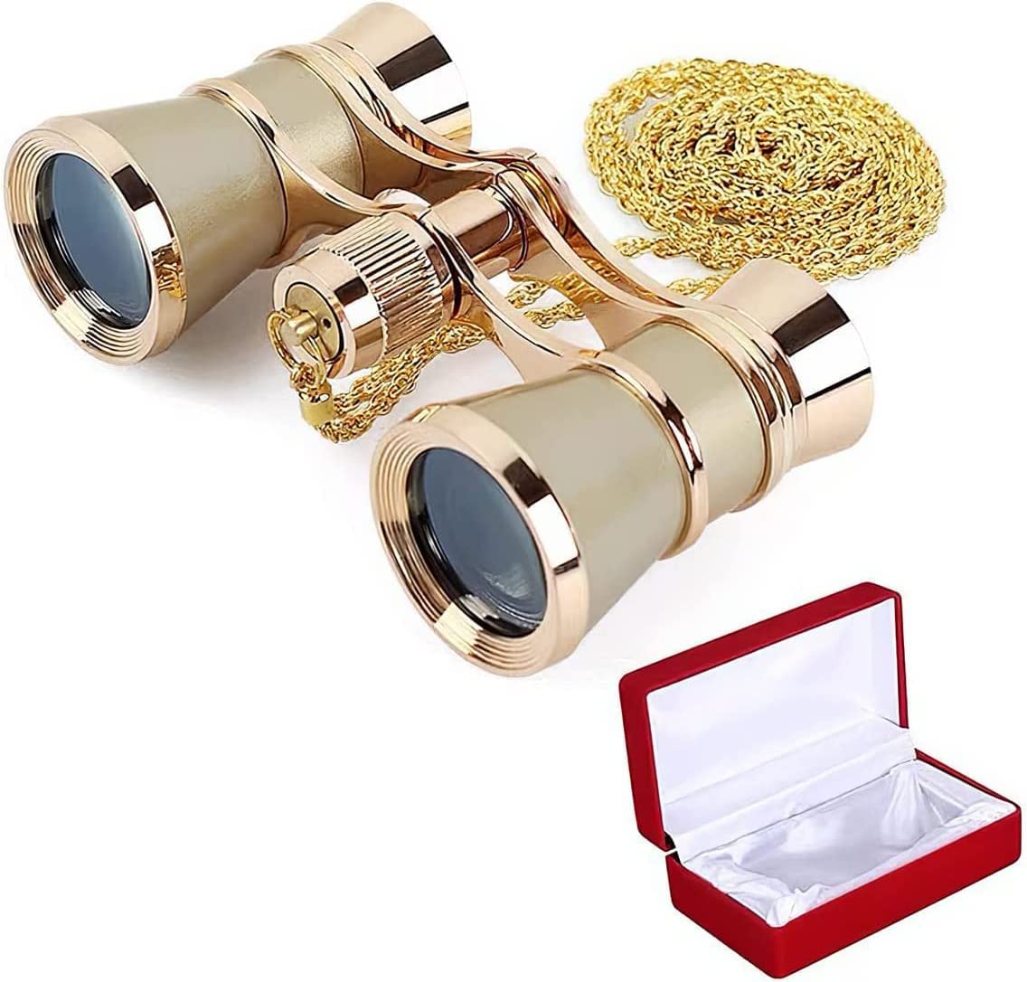

Lightweight, compact, vibration-proof binoculars for concerts, opera, and stage performances. Includes a strap, storage bag, and metal chain. Center