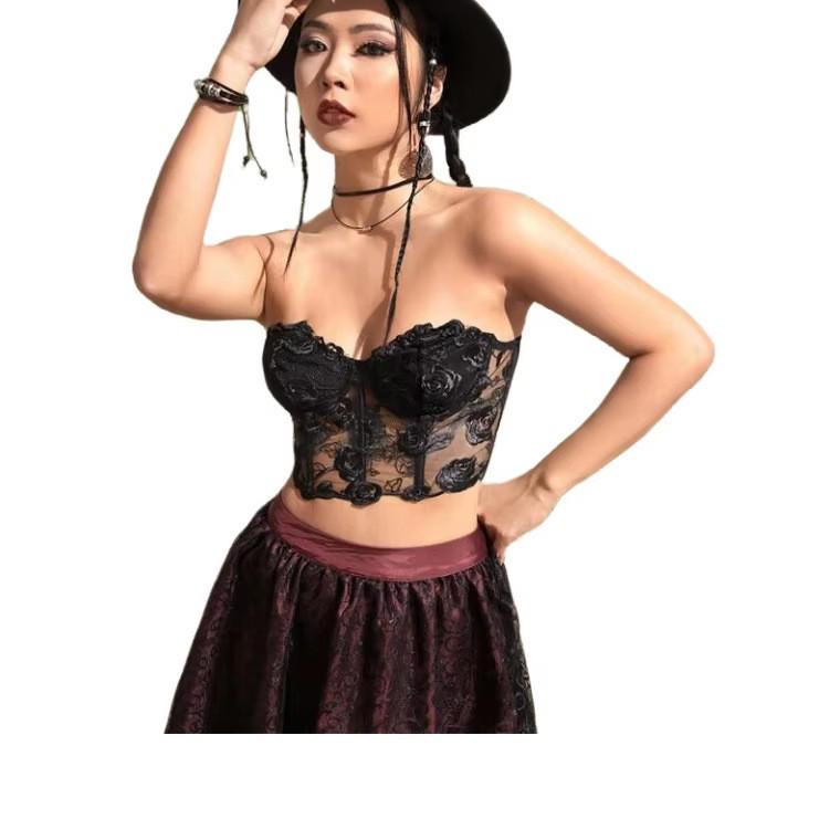 Black Hot Girl Mesh Embroidered Underwire Bustier Tank Top