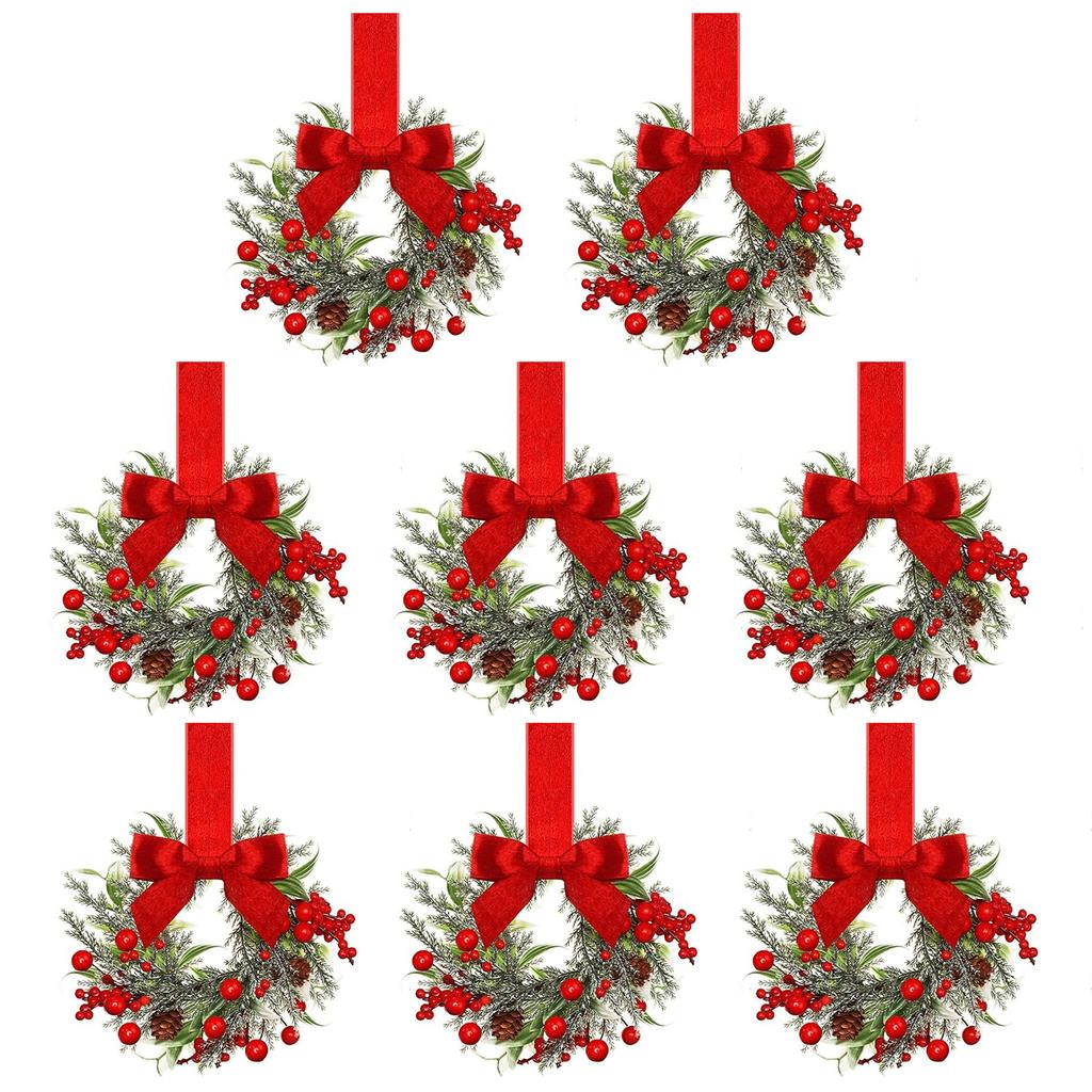 7 Inch Christmas Door Wreath with Bow Ribbon Red Berry Christmas Cabinet Wreath for Door Windows Wall Outdoor Xmas Decoration