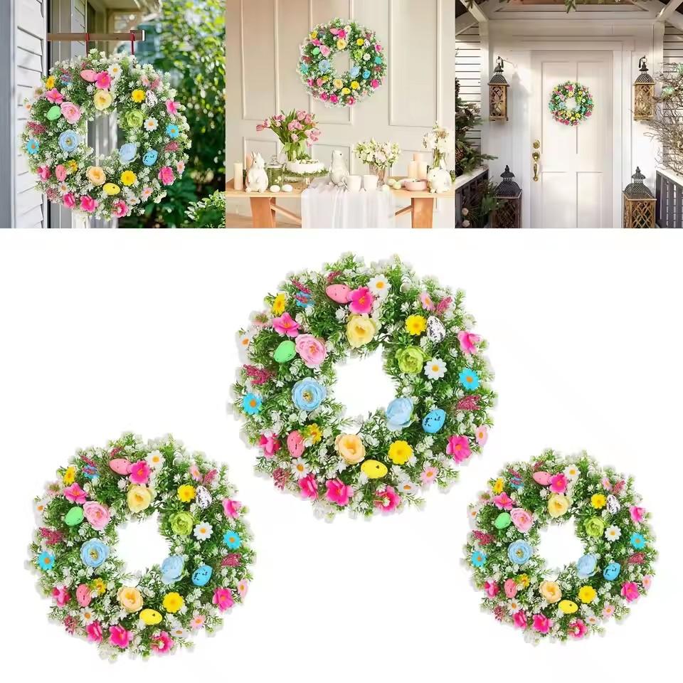 Easter Egg Wreath Artificial Flower Wreath Decorative Garden Party with Colorful Eggs Artificial Green Leaves Garland Decoration