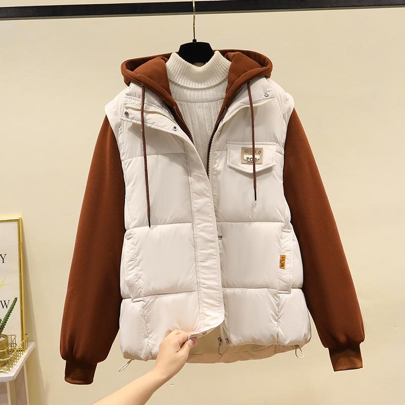 Splicing fake two-piece cotton jacket vest jacket women's autumn and winter new fashion hooded sweater jacket