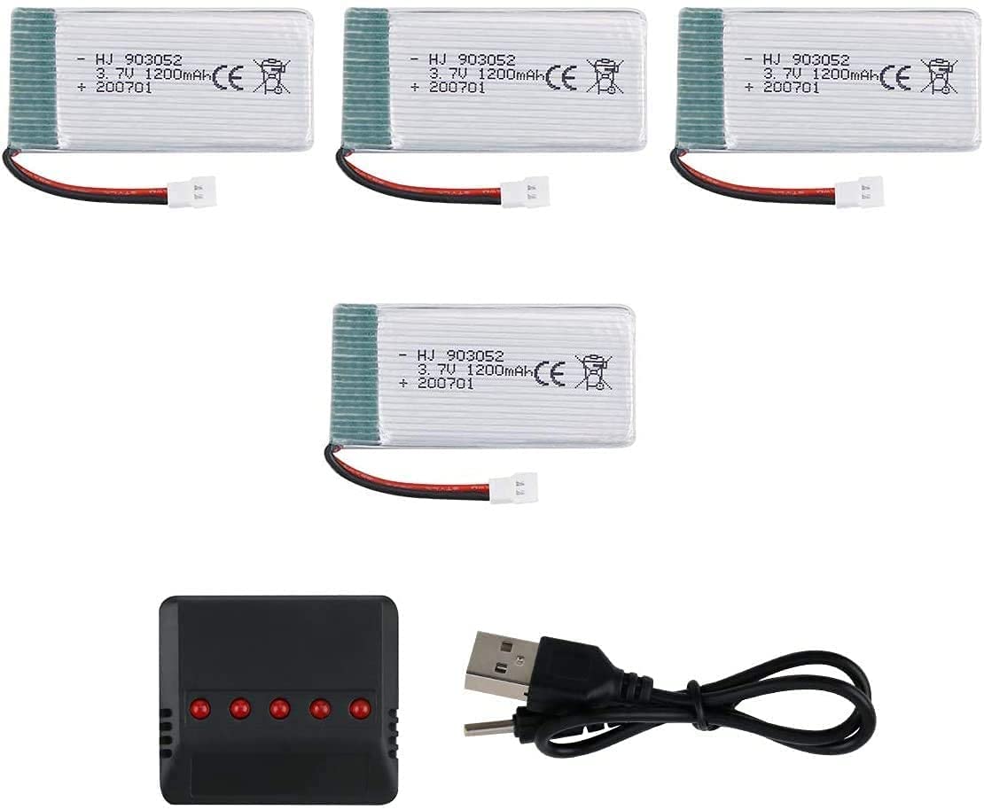Juego de 4 Baterías LiPo Recargables 3.7V 1200mAh con Cargador 4 en 1 – Compatibles con Drones RC Syma X5SC X5SW – 54x29x9mm gris