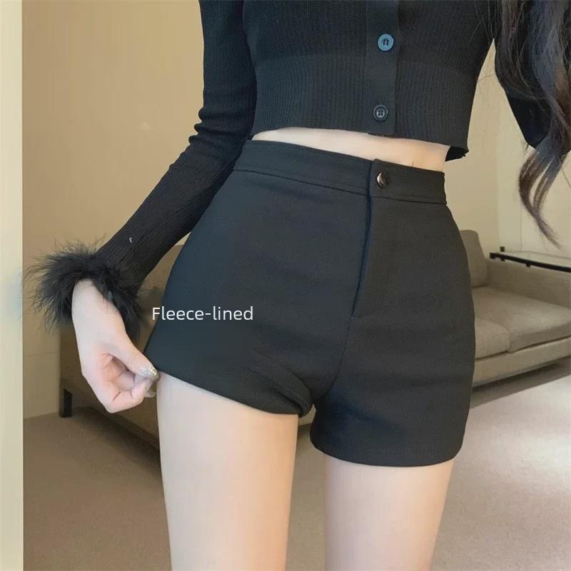 Damshorts med hög midja, A-linje, plusstorlek, förtjockad sammet för höst/vinter - Svarta, ledig passform för stövlar