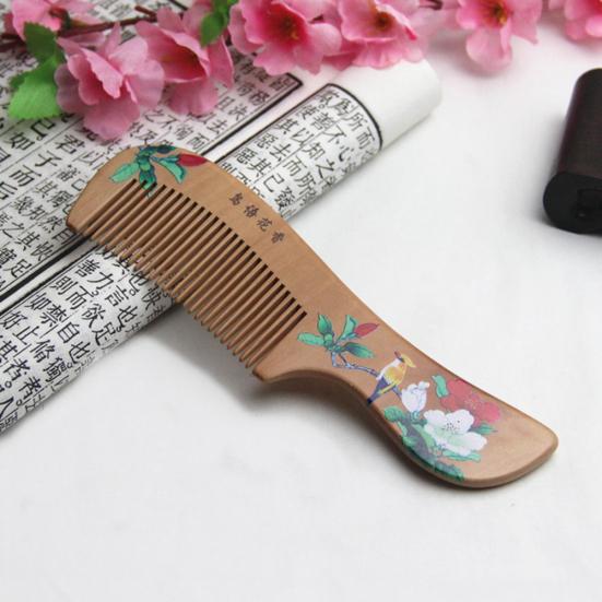 Painted Flower Peach Wood Healthy Scalp Comb Hair Massage Anti-Static Care Tool