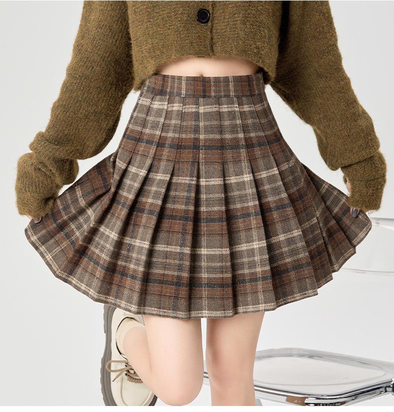 Korean Style Wool Plaid Pleated Mini Skirt for Women - High Waist A-line Slimming Design