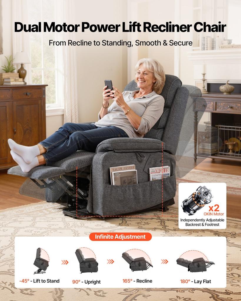 Power Lift Recliner Chair, Dual Motor, Medium Electric Lift Chair with Heat and Massage for Elderly, Infinite Position Adjustment, Chenille Fabric,