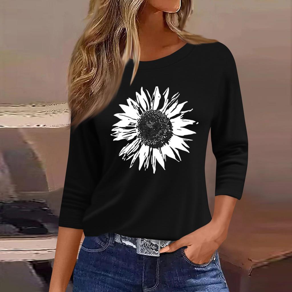 Dámská móda ležérní tričko s kulatým výstřihem, 3/4 rukávem, volným potištěným tričkem, dámský top