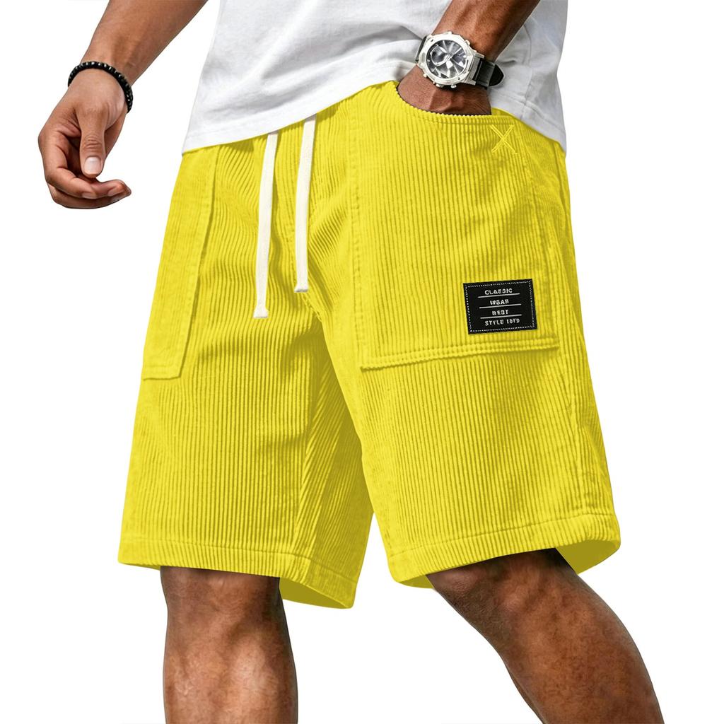 Men's Casual Corduroy Drawstring Shorts with Front Patch Pockets and Elastic Waistband Suitable for Everyday Wear and Outdoor Activities