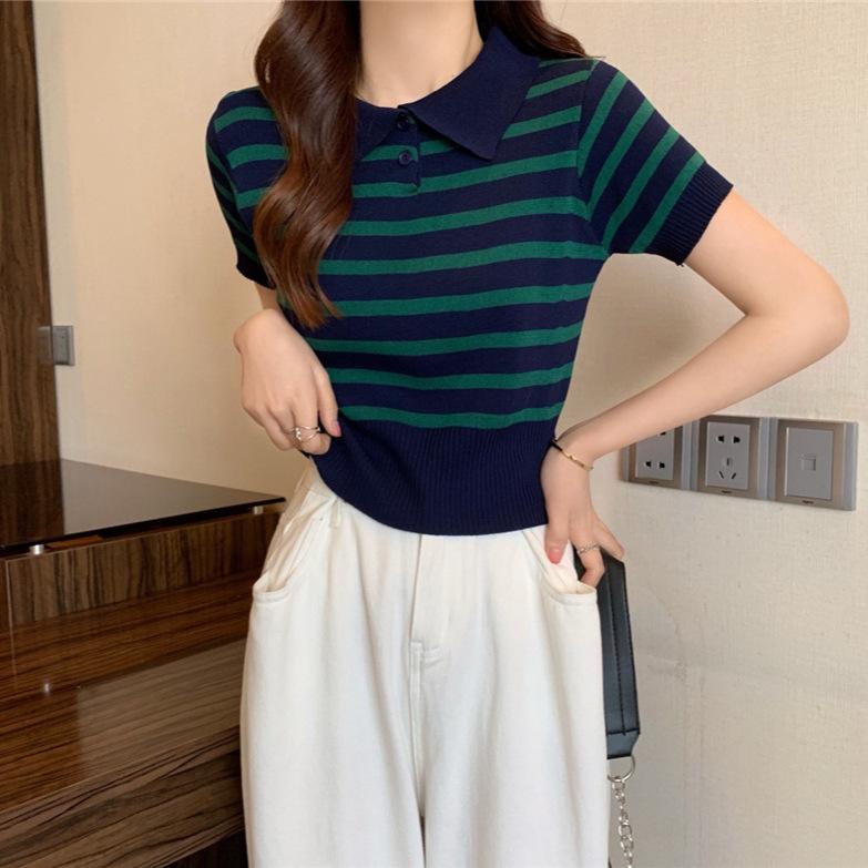 Çok Yönlü Kısa Üstler Kadın Retro Renk Bloklu Çizgili Beli Oturan Örgü Giyim Tide Günlük Yazlık Temel Konfor ve Stil Slim Fit Kazaklar Tişörtler