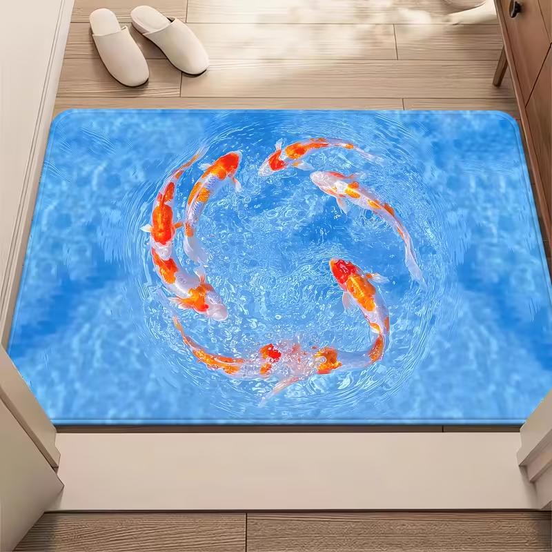 The Door Mat with Fish Pattern and "JUST GO FISHING" Printed On It Is A Soft Mat Bedroom Bathroom Living Room Entrances Carpet