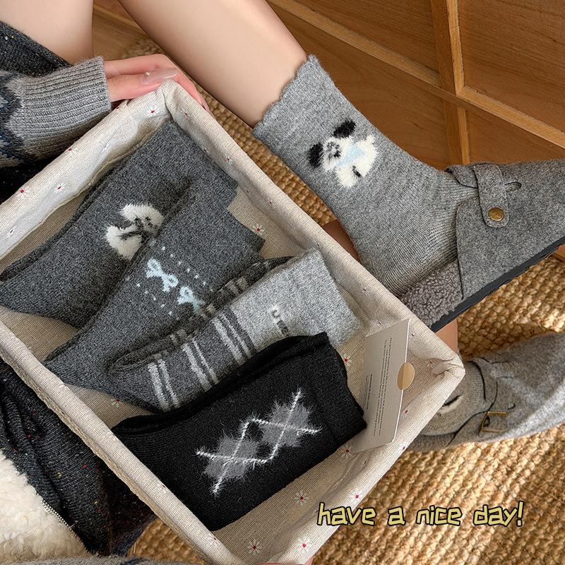 Wool Socks - Women's Warm and Thick Mid-calf Socks with Cartoon Dog and Bow Tie Design, In Gray Color, Suitable for All Occasions and Versatile.