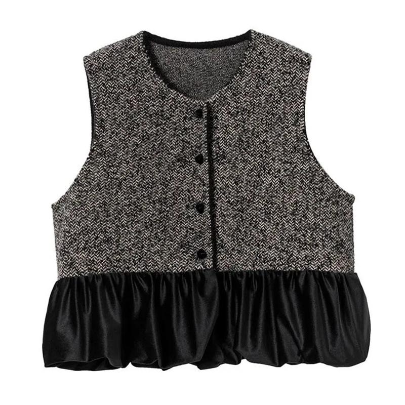 

Осенний женский жилет с мелким ароматом, однобортное пальто без рукавов с круглым вырезом, женская лоскутная модная верхняя одежда One Size