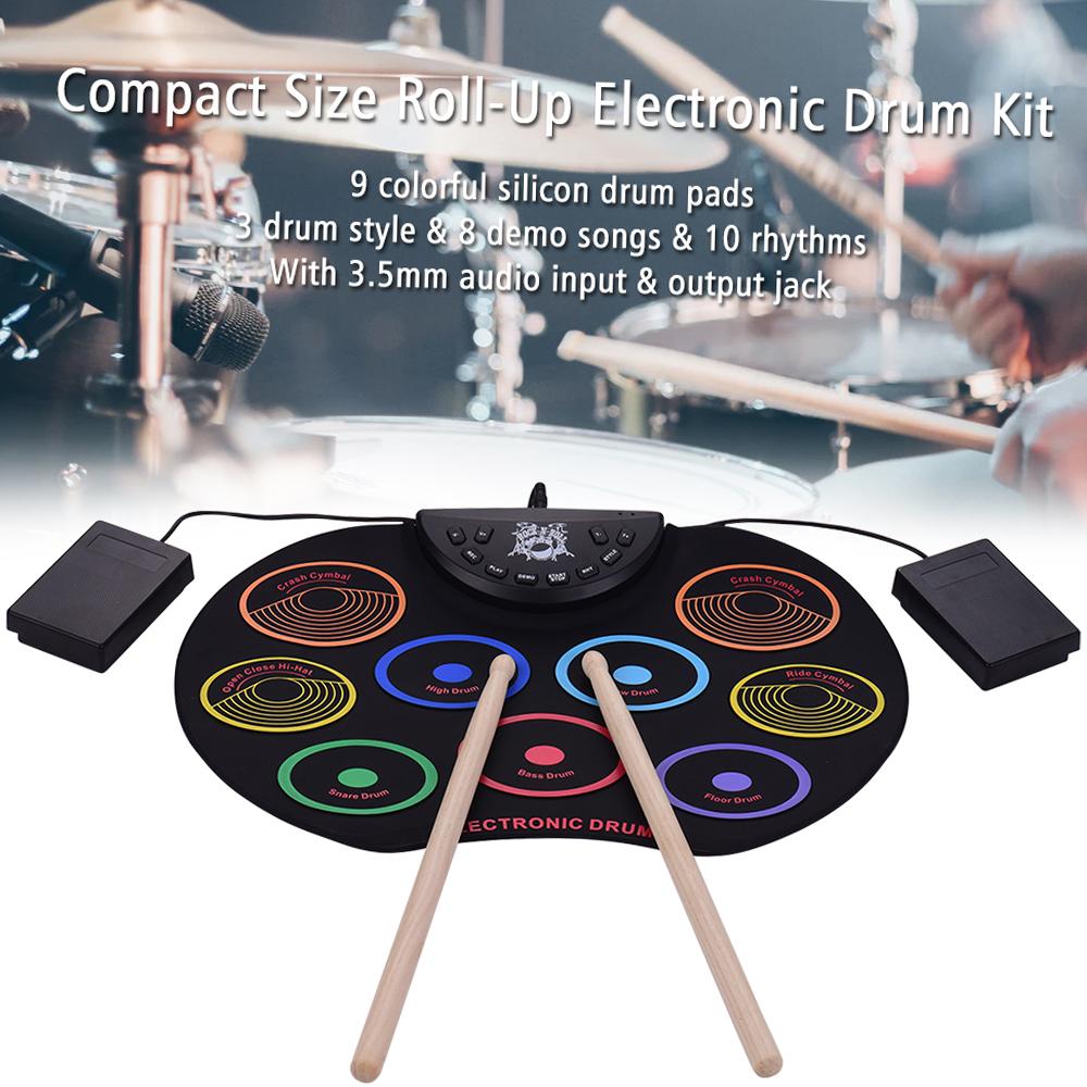 Roll-Up Drum Set Electronic Drum Kit 9 Silicon Drum Pads USB/Battery Powered with Drumsticks Foot Pedals for Children Kids