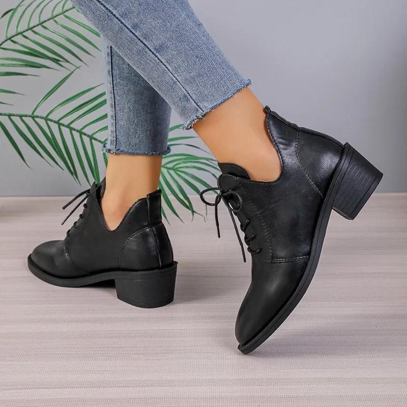 Ladies Shoes  High Quality Cross-tied Women's Boots Fashion Solid Casual Boots Women New Pointed Toe Ankle Boots Heels Women