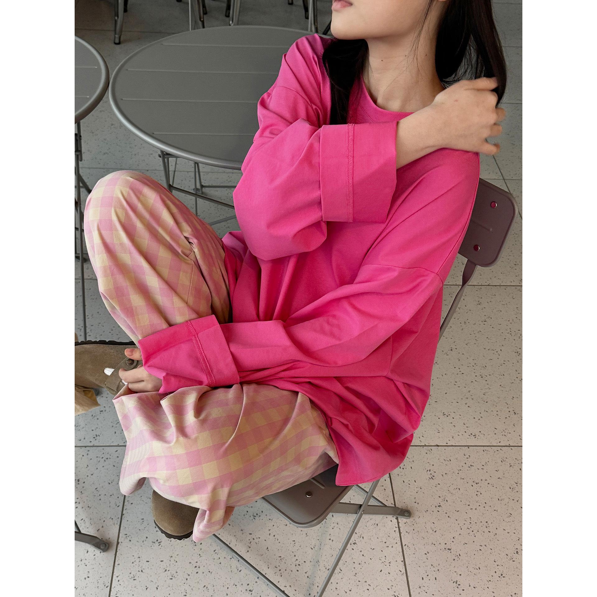 

Louvre Spring Японская ретро однотонная футболка с длинным рукавом - Свободный и удобный женский топ One Size розы красного