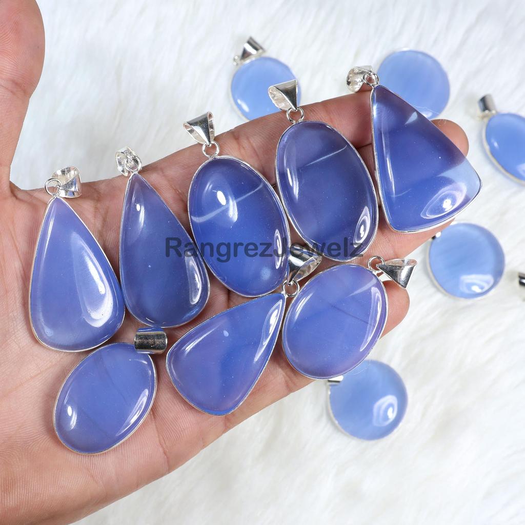 Blue Chalcedony Gemstone Pendant Sterling Silver Pendant Aqua Chalcedony Pendant Bezel Pendant Clear Chalcedony Necklace Pendant Loop Pendant