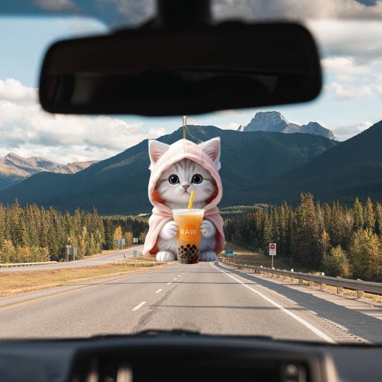 2Pcs Car Pendants Rearview Mirror Decorations with Lanyard Easy To Hang Adorable Cartoon Cat Shaped Pendants Hanging Ornaments