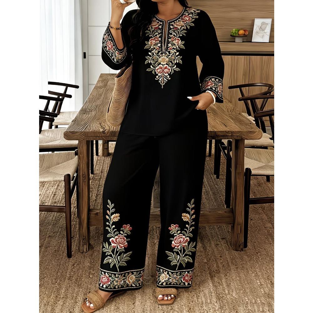 Damen Frühling Sommer Neues 2-teiliges Outfit, V-Ausschnitt 3/4-Ärmel Knopfleiste Hemd & Bedruckte Elastische Taille Lange Hose Set, Digitaldruck Maschine Lässiger Anzug