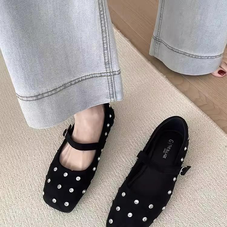 Rhinestone Flat with Skirt Mary Jane Single Shoe Woman 2025 Spring French Evening Commuter Grandma Shoe Trend