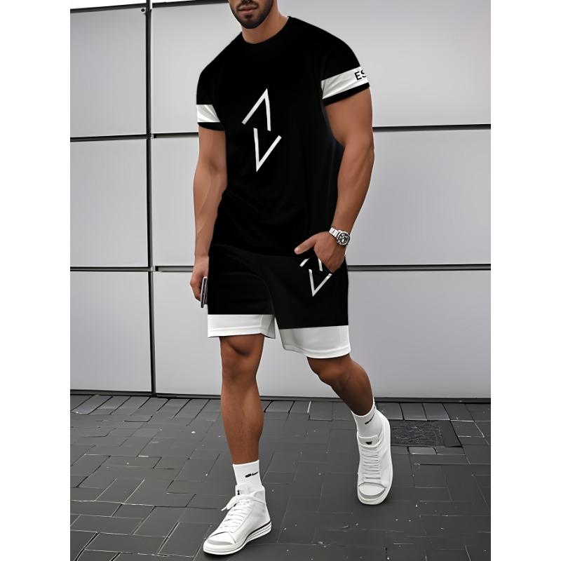 

2026 New Summer Men s Patchwork Print Short-Sleeve Shirt and Shorts Set 6XL