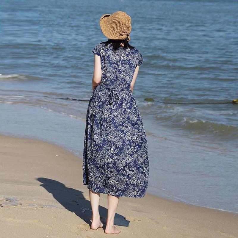 Καλοκαίρι νέο λογοτεχνικό και φαρδύ βαμβακερό και λινό εμπριμέ φόρεμα με στρογγυλή λαιμόκοψη και κοντά μανίκια γυναικείο ρούχο μεσαίο και μακρύ #