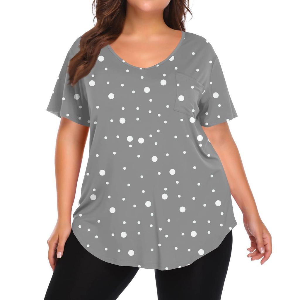 Women's Printing Large Size V-neck Top Loose Pocket T-shirt