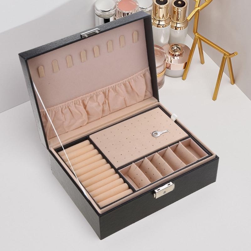 Elegantes Schmuckkästchen mit doppelter Schicht, tragbare Aufbewahrungsbox aus PU-Leder, geeignet für Ringe, Ohrringe, Armbänder und Halsketten