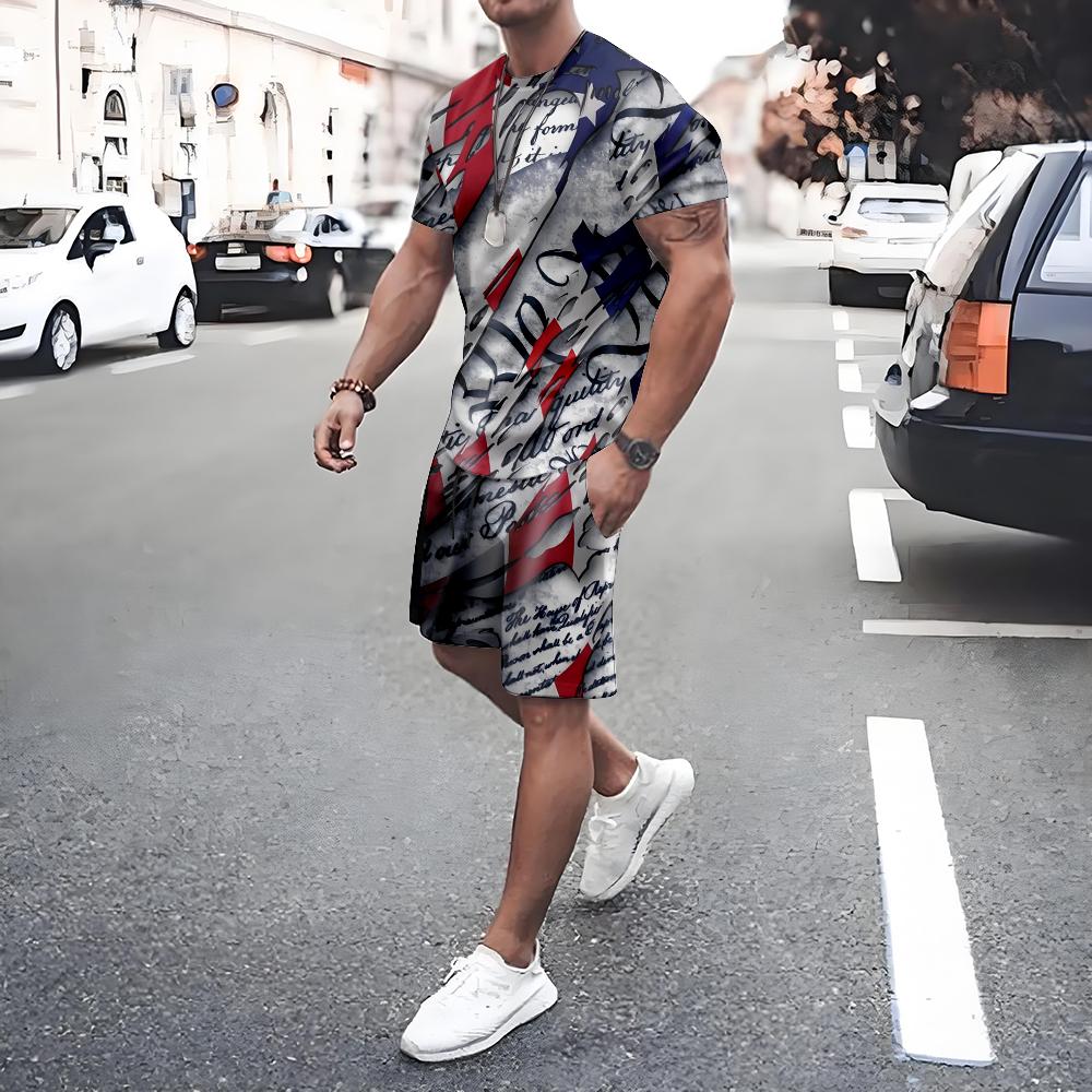 American Flag Print Short Sleeve Tee Shorts Set Casual Men's T-shirt Shorts 2-piece Set Quick Drying Breathable Mesh T Shirt