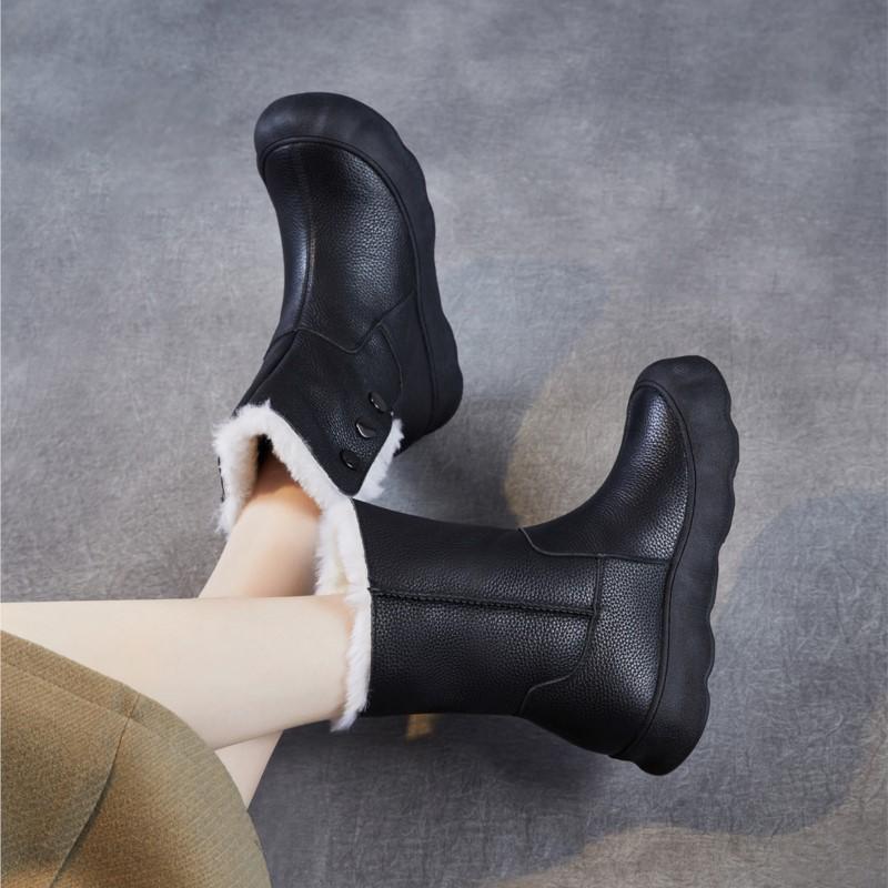 Johnature Genuine Leather Snow Boots Women's Shoes Plush Warm Versatile Soft Soled Mid-calf Boots