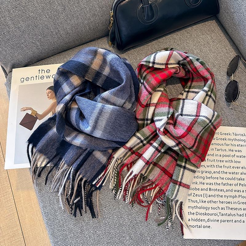 Soft waxy wool scarf women's winter new versatile student thickened double-sided plaid scarf to keep warm and advanced