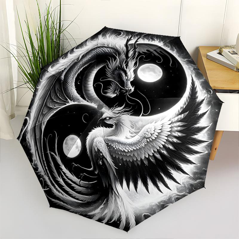 1pc Yin Yang Dragon and Phoenix Automatic Umbrella Design, Cute Cartoon Pattern, Portable Outdoor Umbrella, Perfect A097