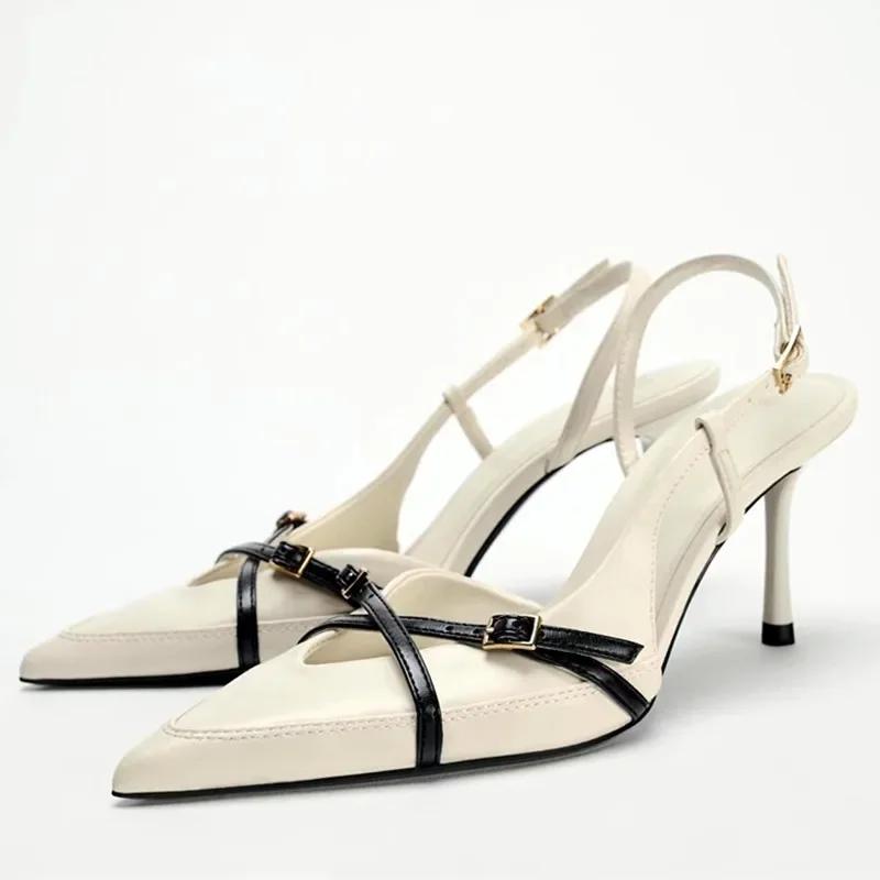 Fashion Original Designer High Heels Women Sexy Pointy Toe Cross Buckle Strap Decoration Heeled Sandals Summer Slingbacks White Pumps