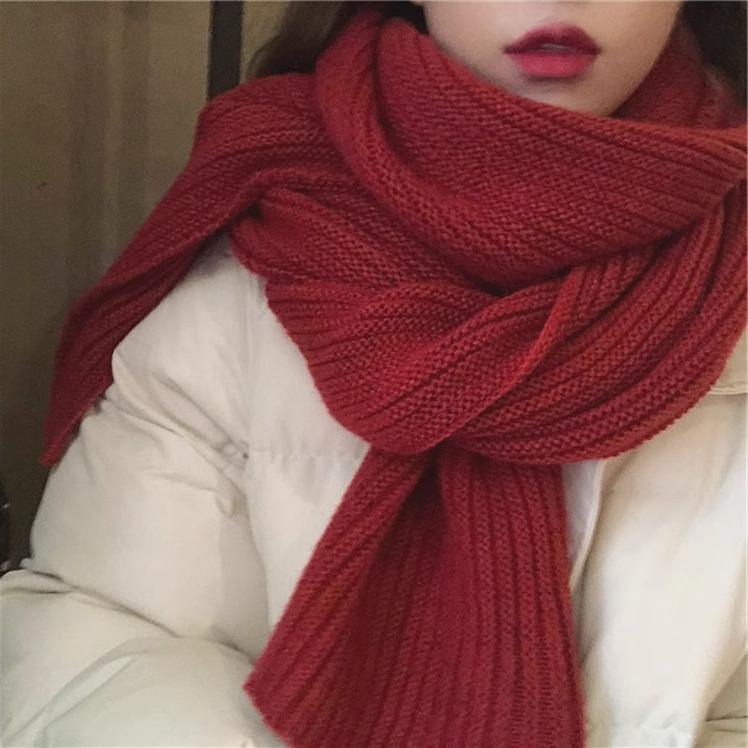 

Christmas red scarf women s autumn and winter warm knitting versatile student thickened wool solid color scarf long 170cm