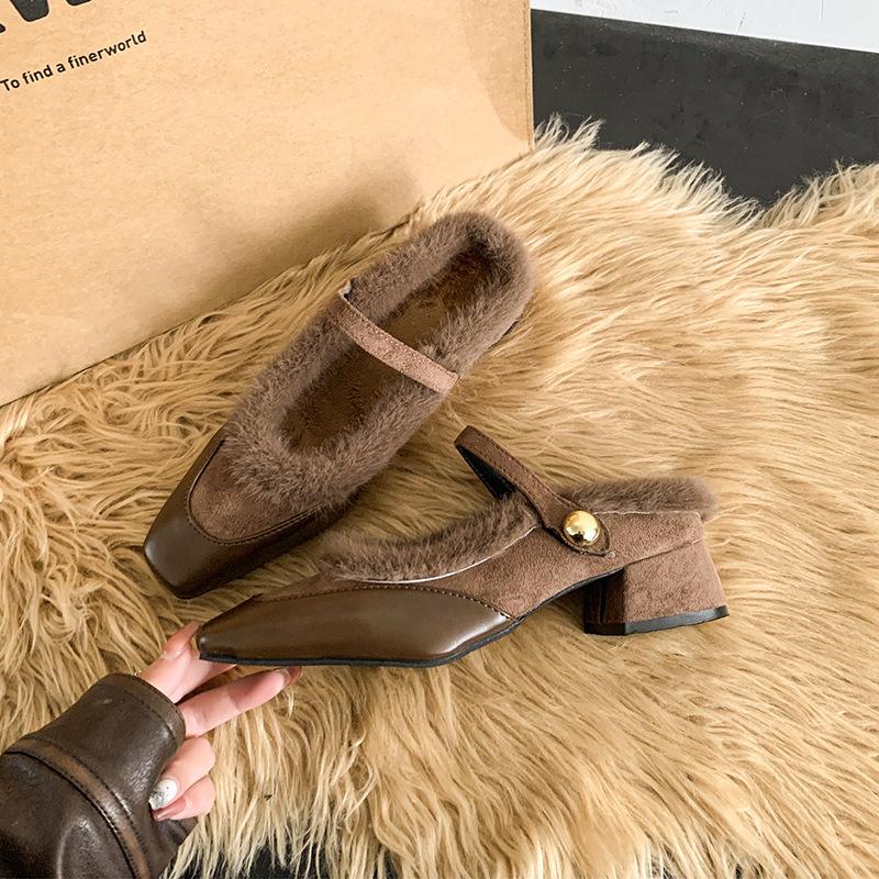2025 new autumn and winter thick heel French small fragrant wind velvet Mary Jane single shoes women's shoes evening gentle fluffy shoes