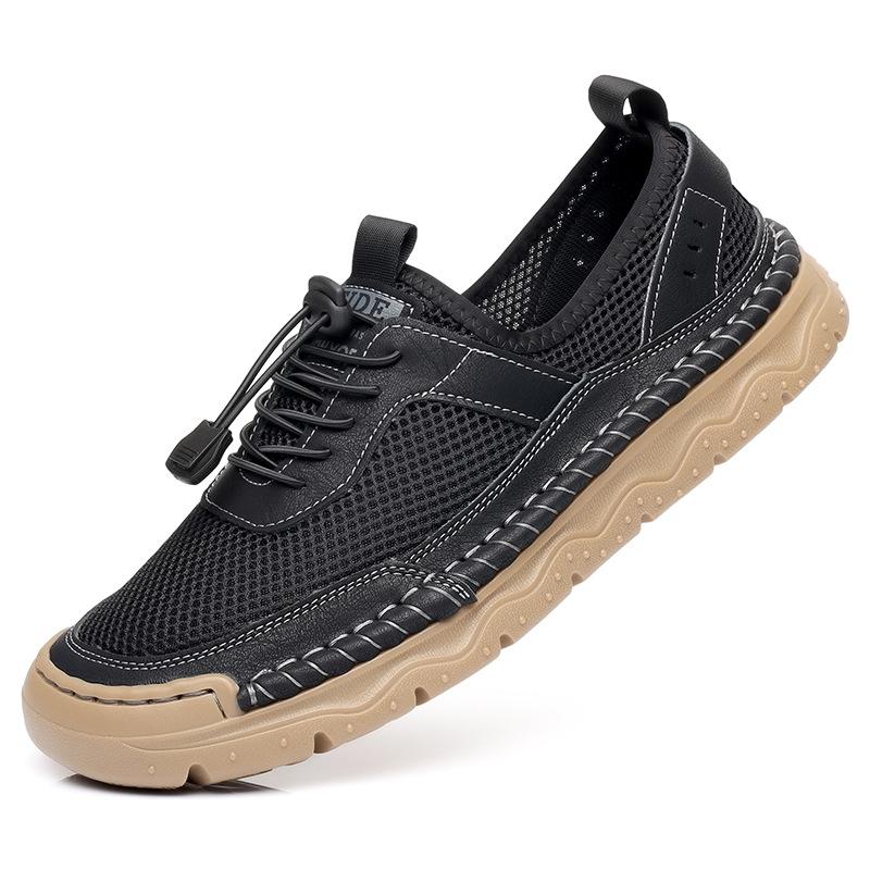 2025 summer breathable casual shoes men's mesh leather hollow hole shoes daily versatile hand-sewn sandals