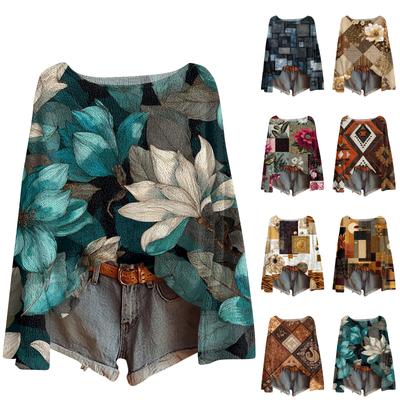 Damski lekki sweter casual z długim rękawem dzianinowy vintage z kwiatowym nadrukiem pulower