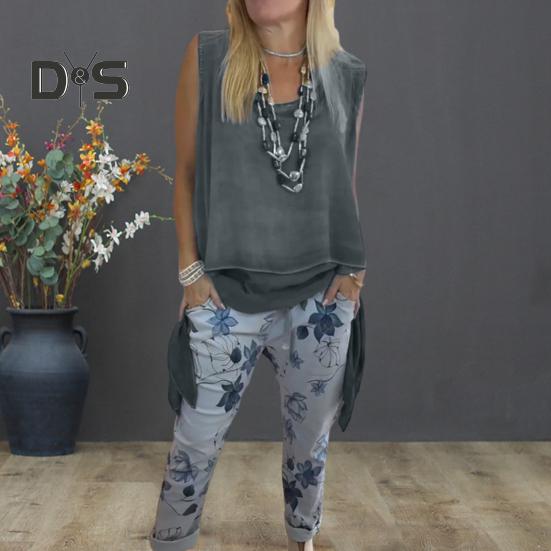 Dames 2-delt loungesett Ermeløs asymmetrisk kant tanktopp Blomsterprintede joggebukser Sett Casual løst antrekk for vår sommer