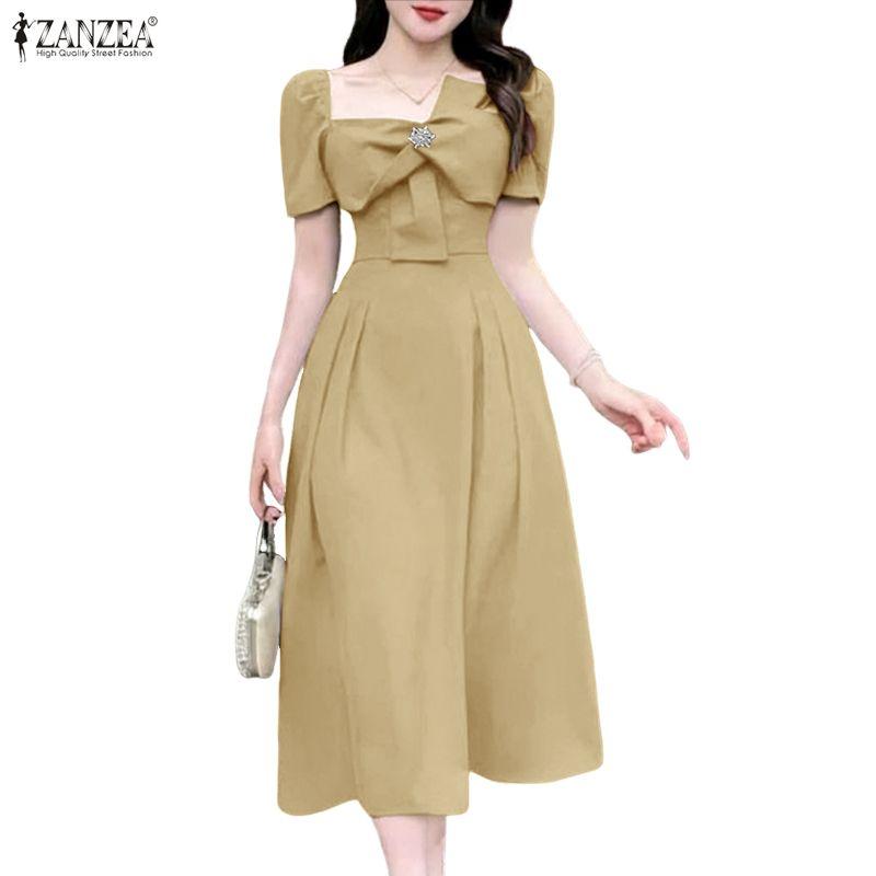 ZANZEA Elegant Women Square Collar Summer Casual Short Sleeve Dress