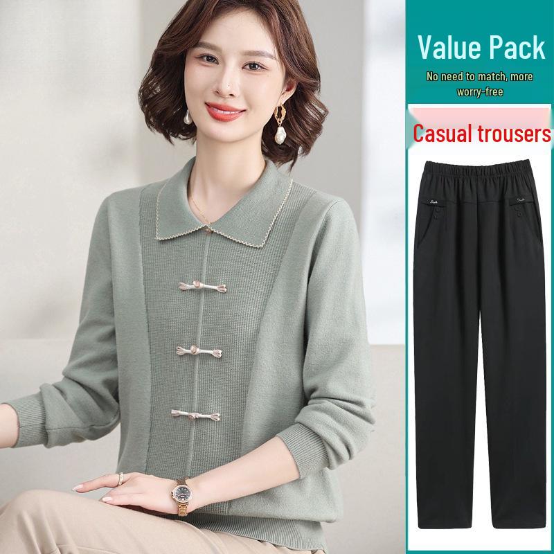 Elegant Autumn Knit Top & Sweater Set for Middle-Aged and Elderly Women