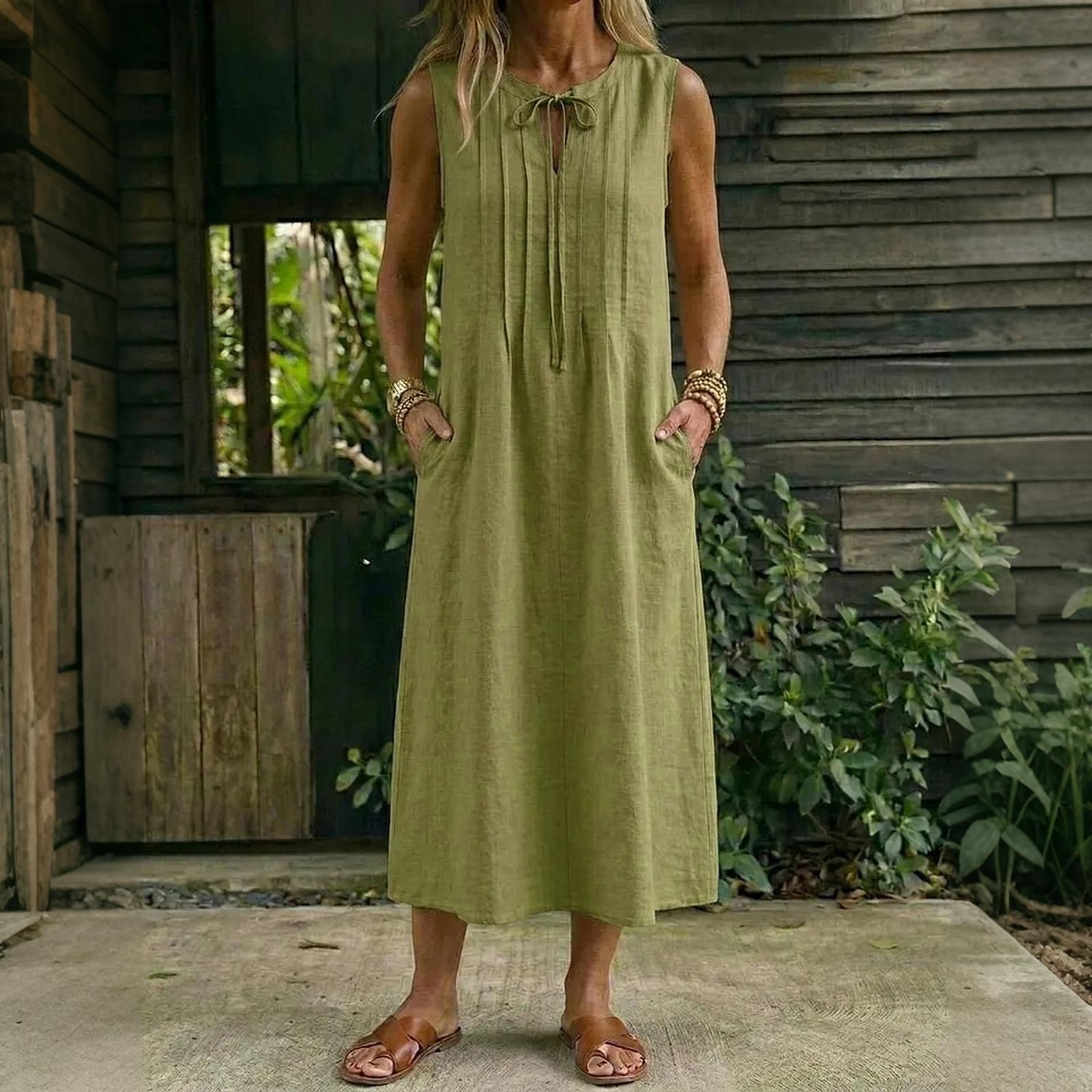 Women Sleeveless Casual Dress Summer Loose Fit Midi Dress with Round Neck and Tie Detail Side Pockets Lightweight Comfortable L