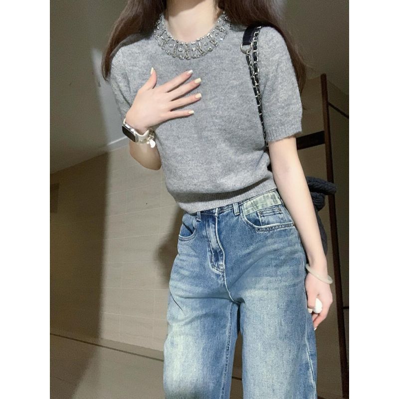 

Miu Style Gold Gray With Drill Shoulder Short sleeve knit Women Summer Loose Temperament Unique All-Match Top Gray S