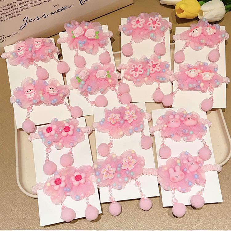 Kinder Pinker Fee Blumen Haargummi – Weicher Pferdeschwanz Pompon Ring