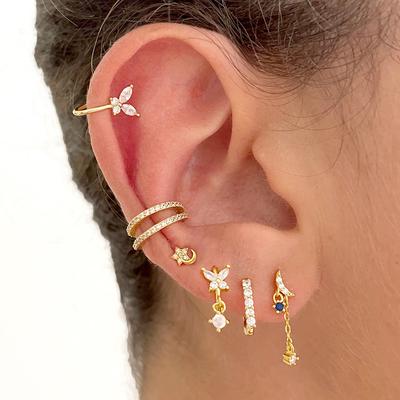 New Design Gold Color Moon Star Minimal Drop Earrings For Women Small Crystal Chain Butterfly Piercing Earring Korean Jewelry