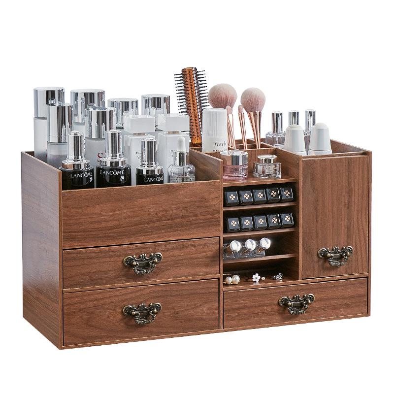 Large Wooden Cosmetic Storage Box with Mirror: Multifunctional Skincare and Lipstick Holder