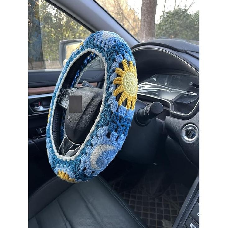 Handmade Crochet Sun and Moon Car Steering Wheel Covers Universal 14-15 inch for Women and Men (Steering Wheel Cover)
