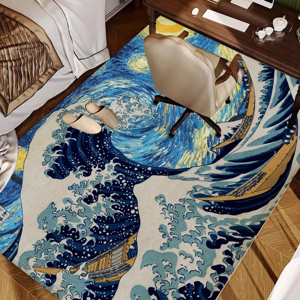 Japanese Wave Art Floor Mat Retro Multiple Choice Living Room Kitchen Rug Non-Slip Modern Home Decor