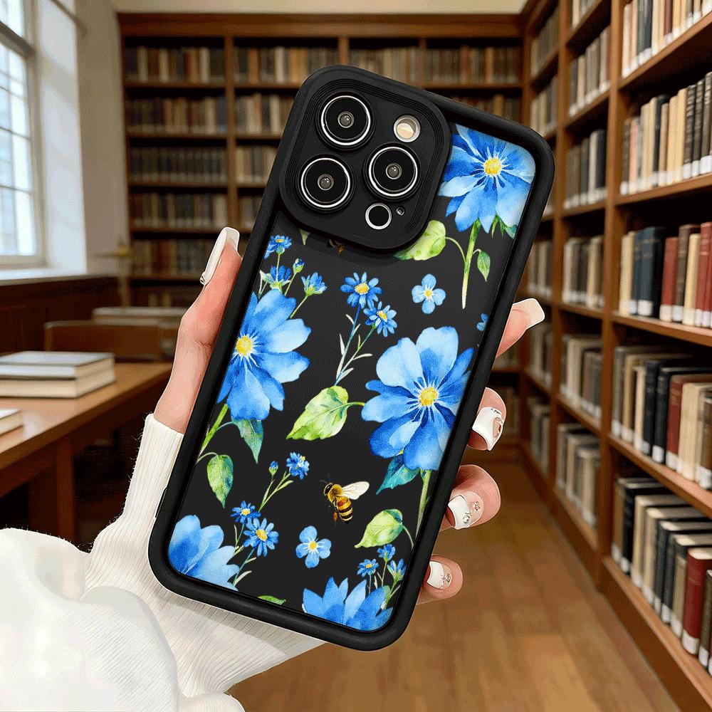 Blue Flowers Bees Pattern Shockproof Soft Phone Case For Xiaomi Redmi Note 15 14 13 12 11 10 9 8 Pro Anti-Slip Anti-Fall Cover