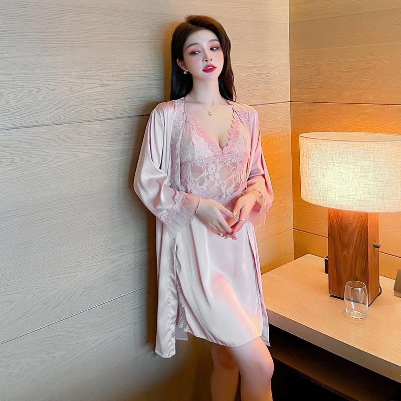 New women's sexy suspender two-piece set women's summer fashion thin ice silk suspender skirt lace edge pajamas