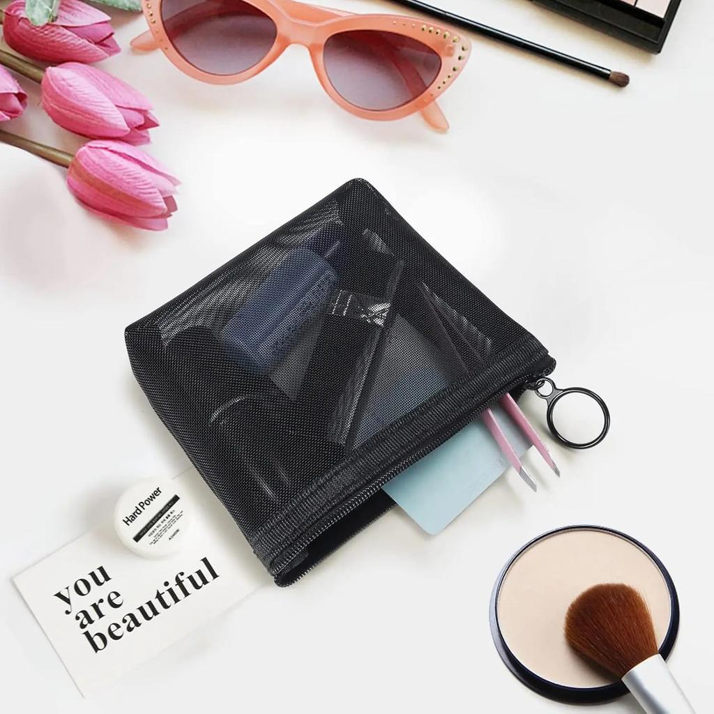 3Pcs Set Small Mesh Makeup Bag Travel Kit - Breathable Cosmetic Pouch with Zippers Portable Organizer