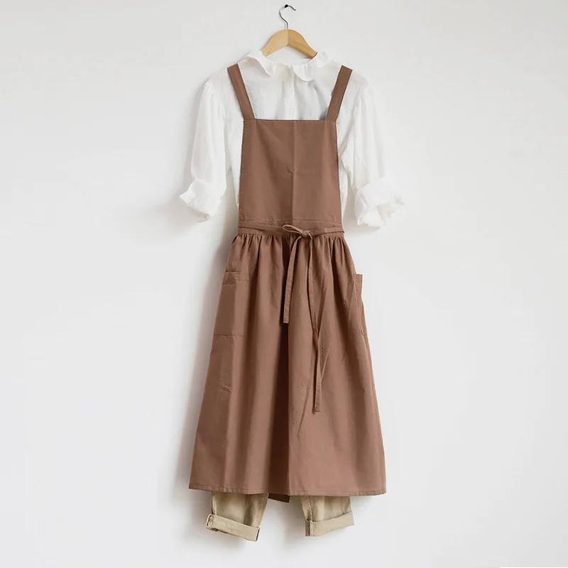 Brief Nordic Wind Pleated Skirt Cotton Linen Apron Women Girls Vintage Apron Gardening Works Cross Back Pinafore Dress
